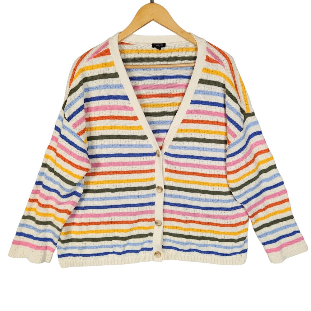 Talbots Cardigan 2X Ivory Multi Stripe Cable Knit Cotton V-Neck Preppy